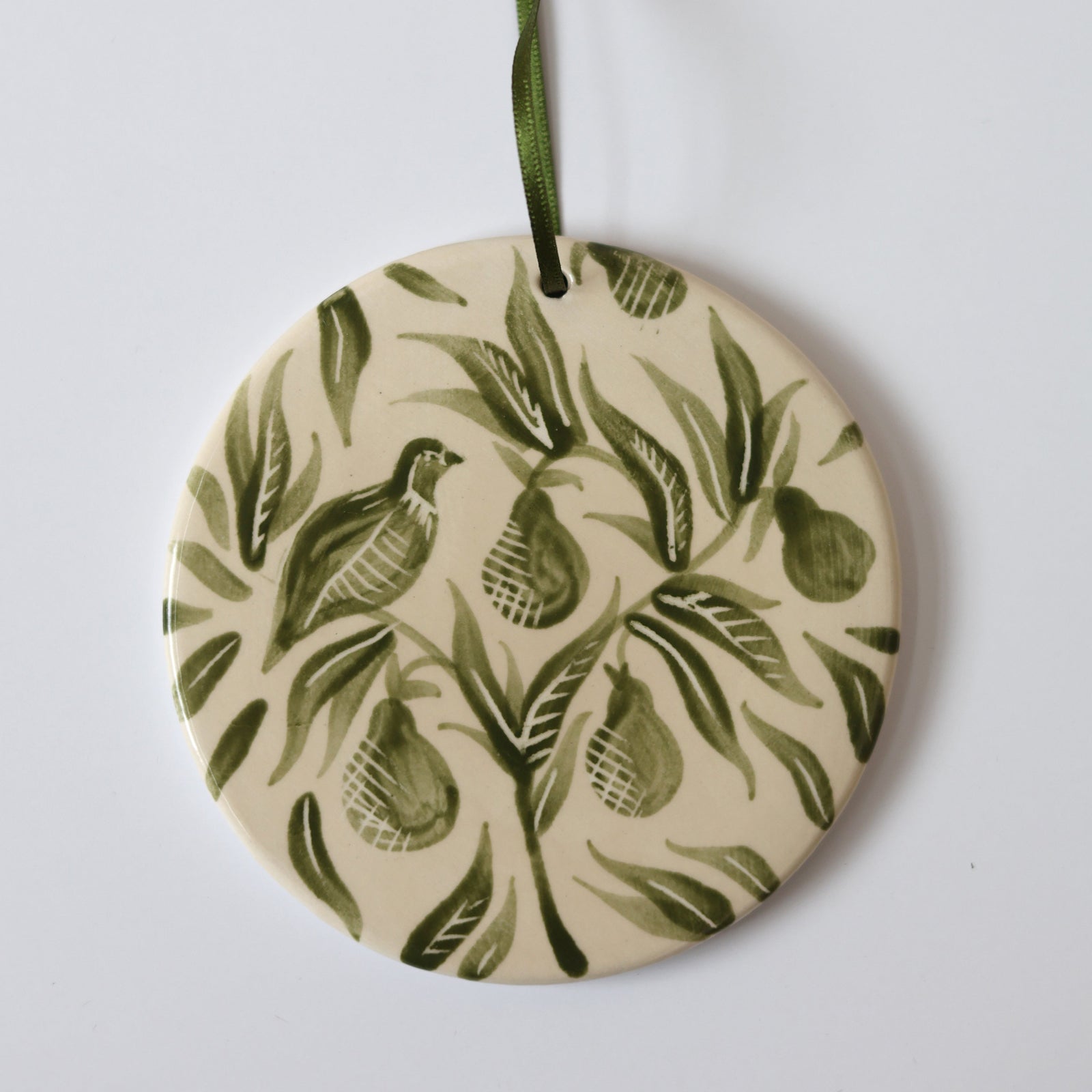 Hand Painted 'Patridge in a Pear Tree' Ceramic Christmas Ornament - Green