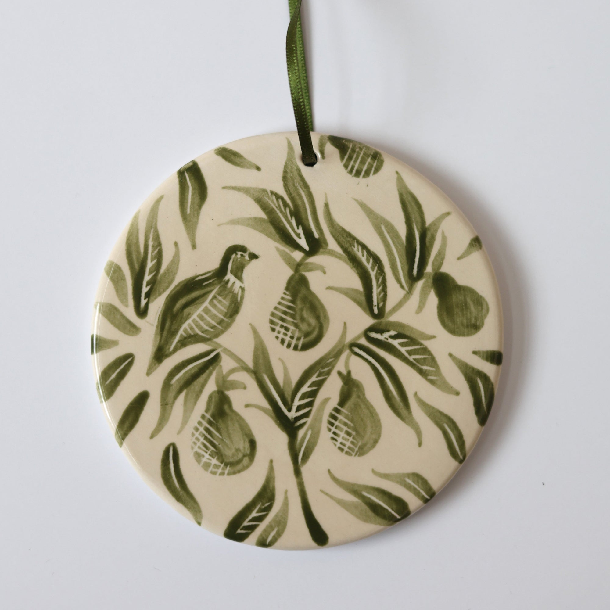 Hand Painted 'Patridge in a Pear Tree' Ceramic Christmas Ornament - Green