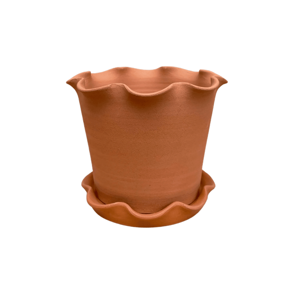 Frilly Plant Pot and Saucer - Terracotta.
