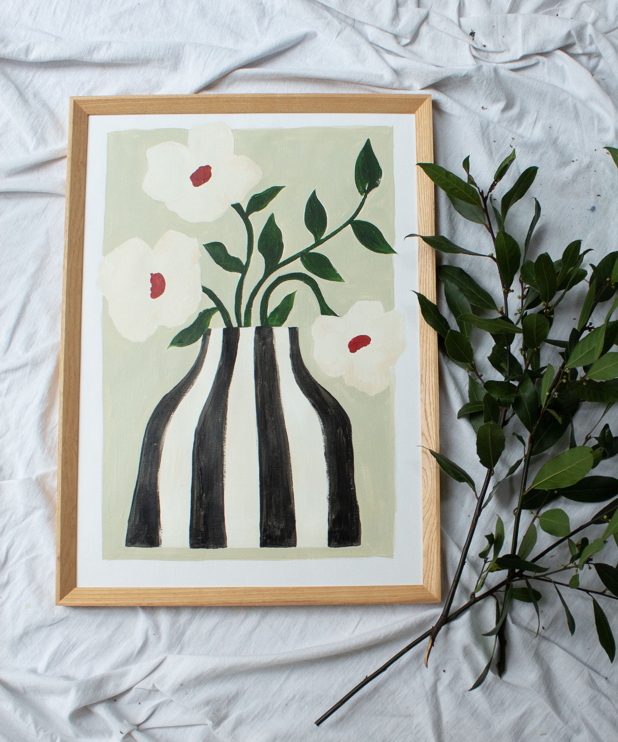 Striped vase and white flowers- Original painting
