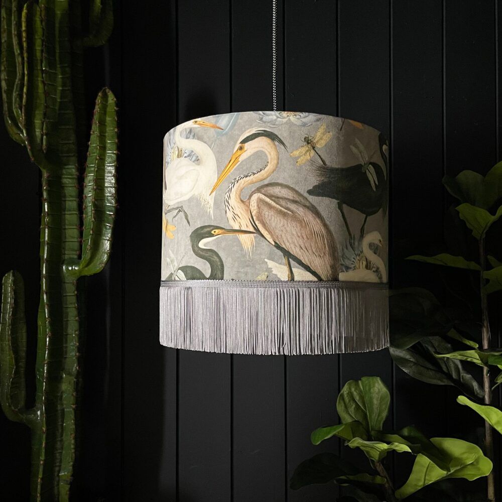 Bird Song Lampshade in Soft Grey With Gold Lining and Grey Fringing