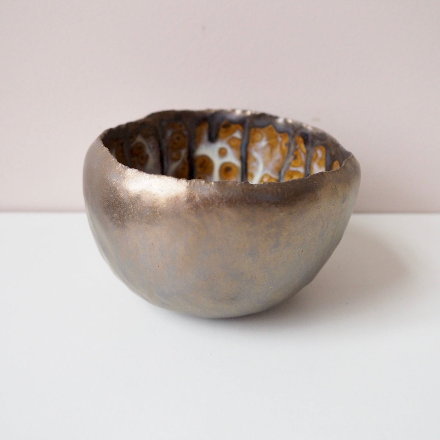 Handmade Gold Ceramic Ring Bowl with Swirly Dripped Glaze