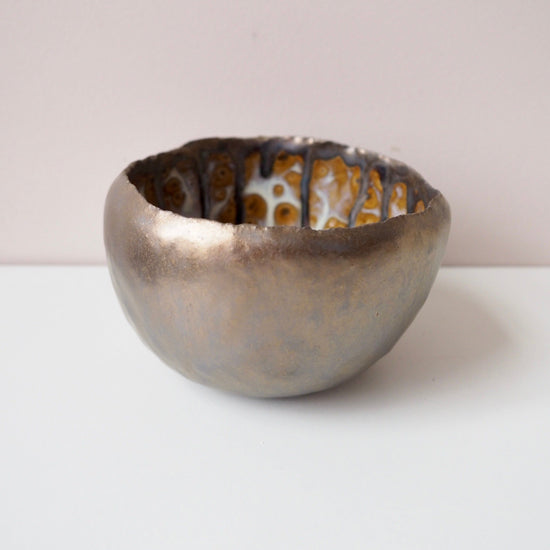Handmade Gold Ceramic Ring Bowl with Swirly Dripped Glaze