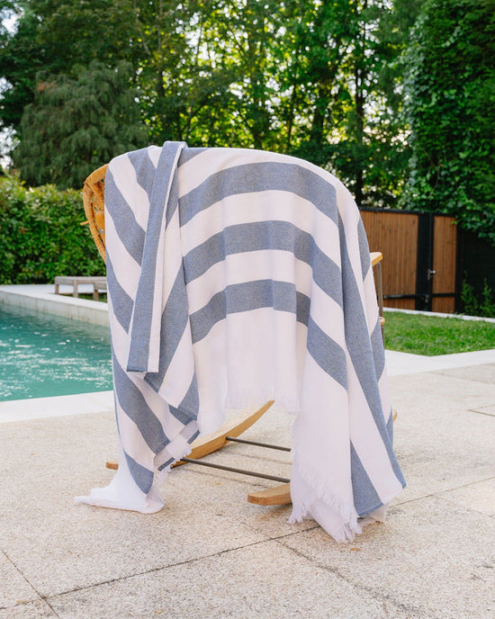 Striped Cotton Beach Towel with Frayed Edge - Blue
