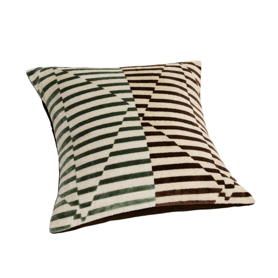 Stripes Velvet Cushion Cover - Green + Brown
