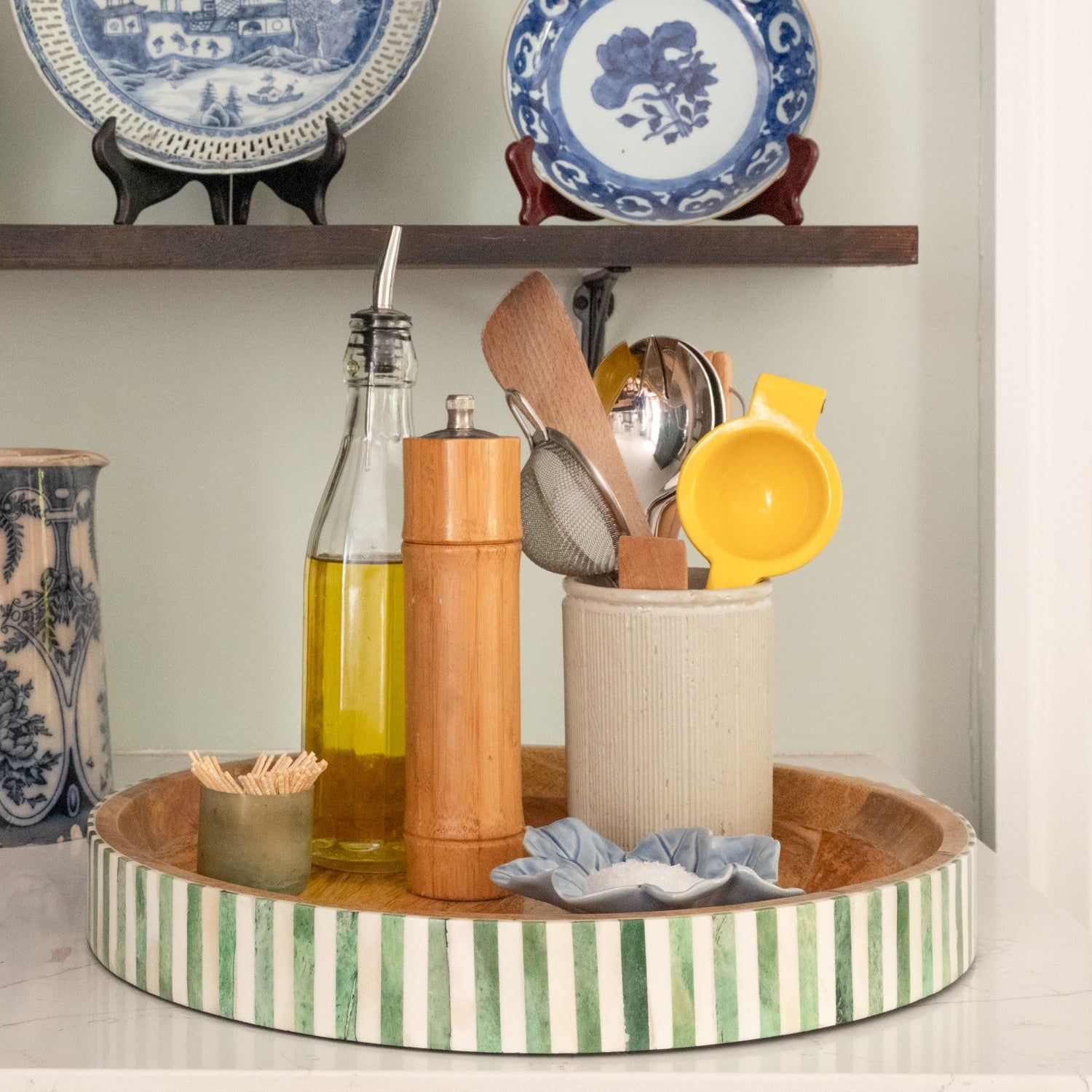 Round Inlay Tray | Green | Striped