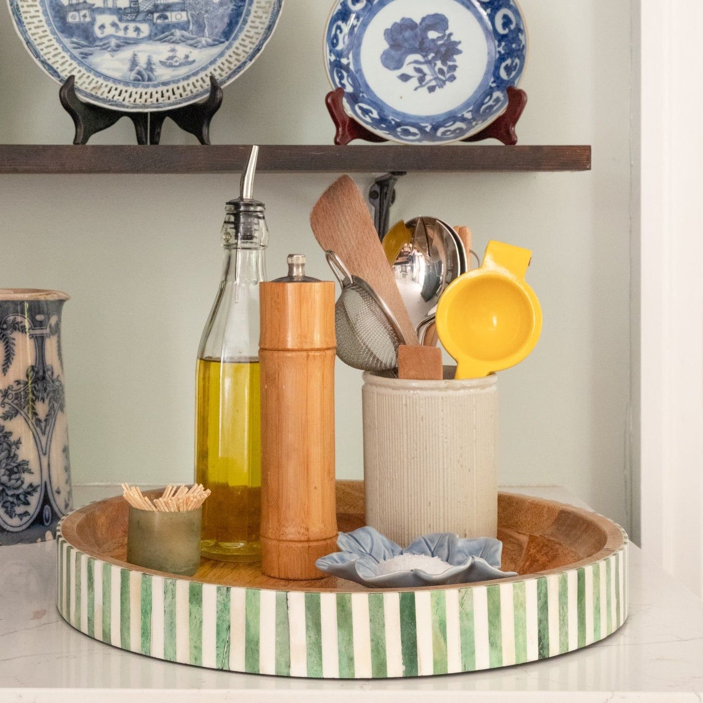 Round Inlay Tray | Green | Striped