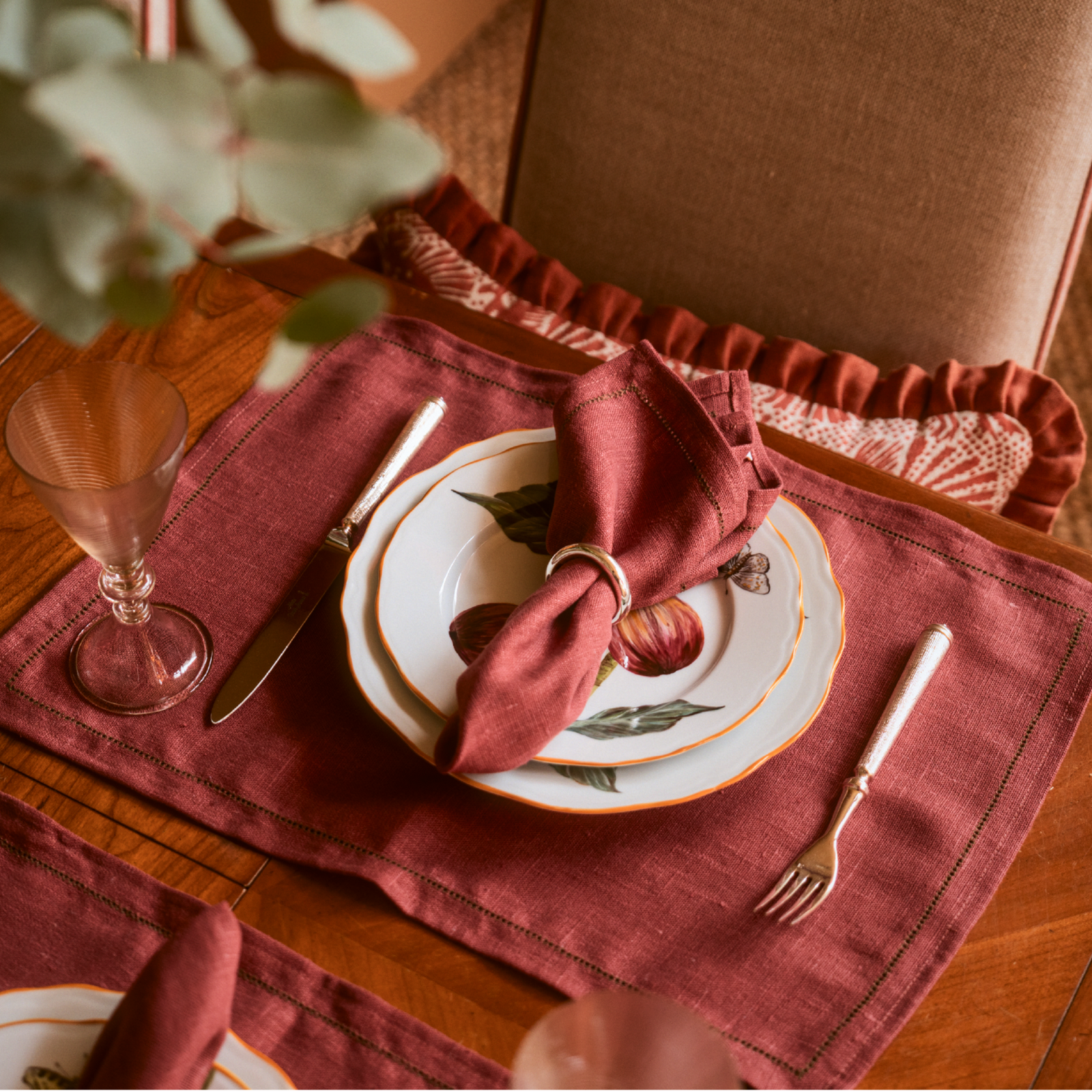 Set of Marsala Napkins with Fern Green Hemstitch