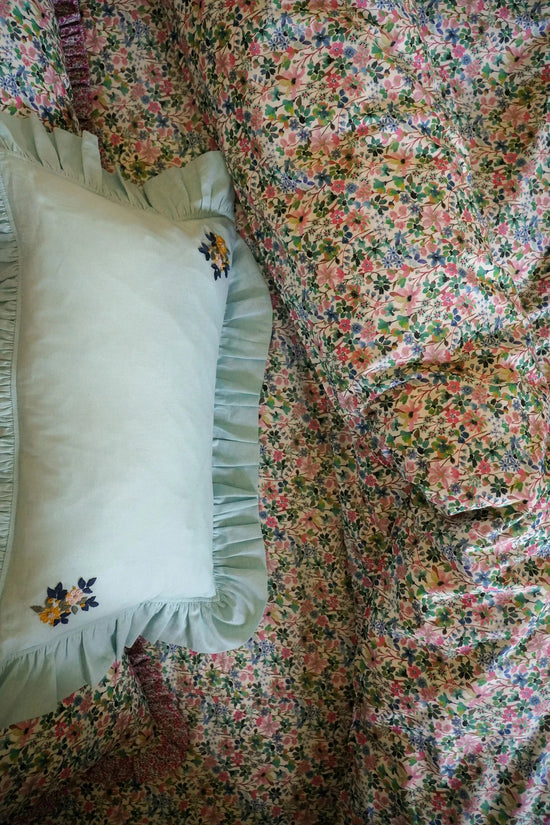 Embroidered Ruffle Oblong Cushion made with Linen Liberty Fabric SEA SPRAY