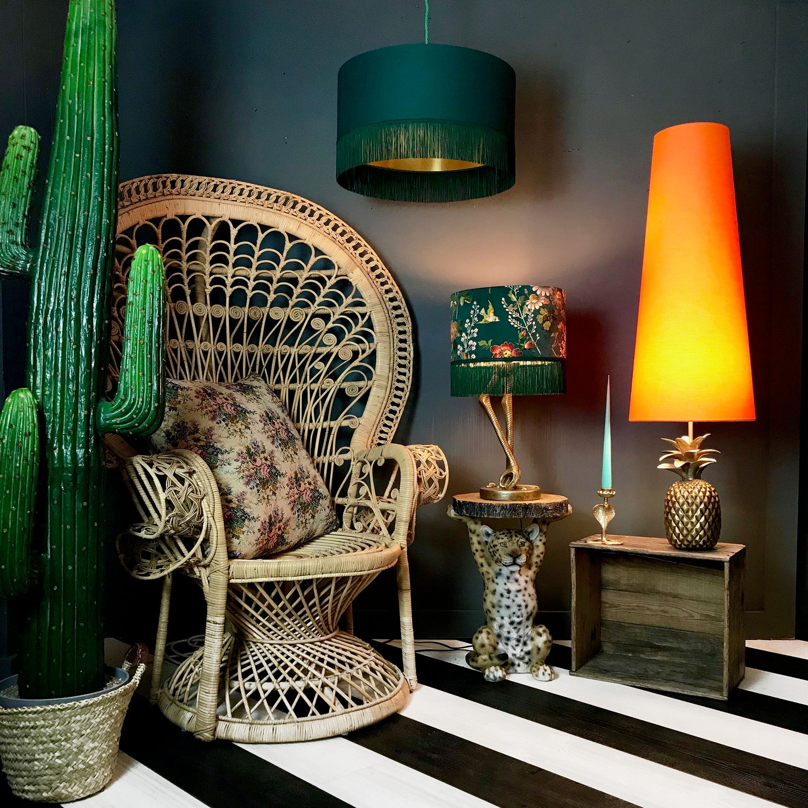 Hunter Green Lampshade with Gold Lining & Green Fringing