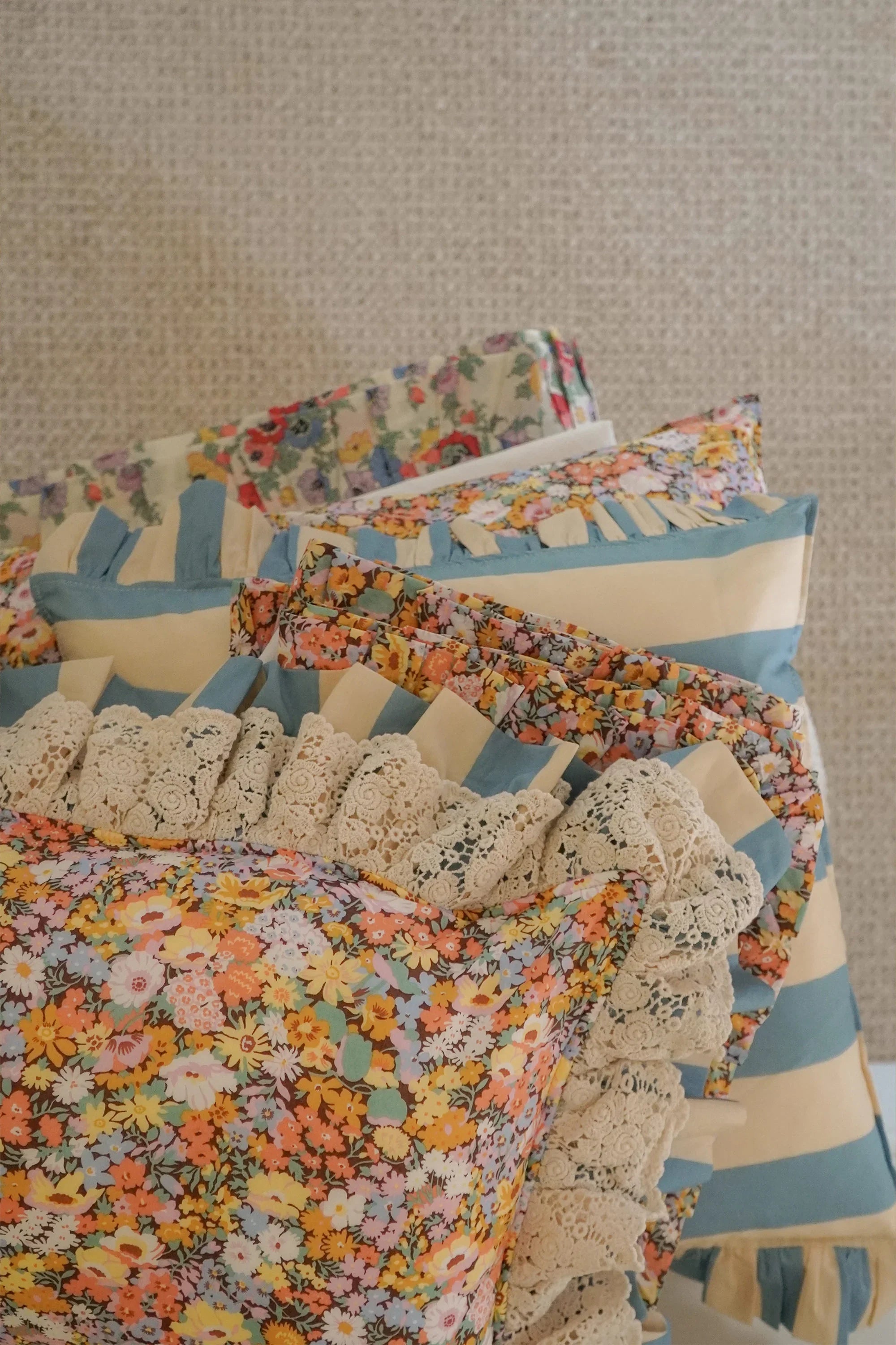 Frill Edge White Pillowcase made with Liberty Fabric THORPE YELLOW