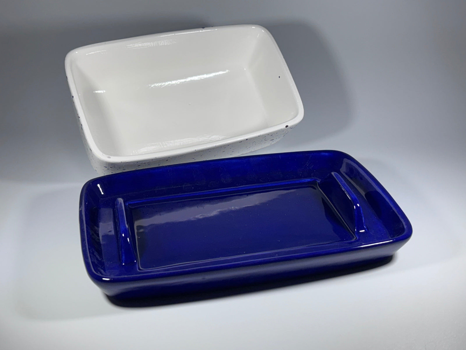 Speckled Blue Butter Dish with Handle