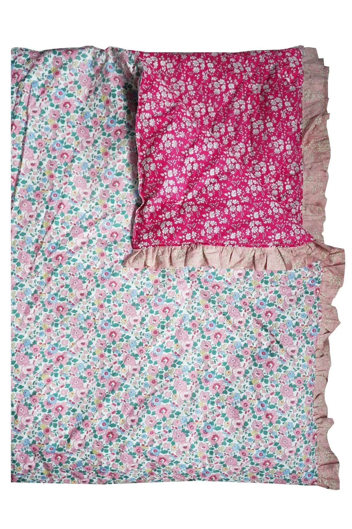 Reversible Ruffle Edge Heirloom Quilt made with Liberty Fabric Betsy Blossom Pink & Capel Pink