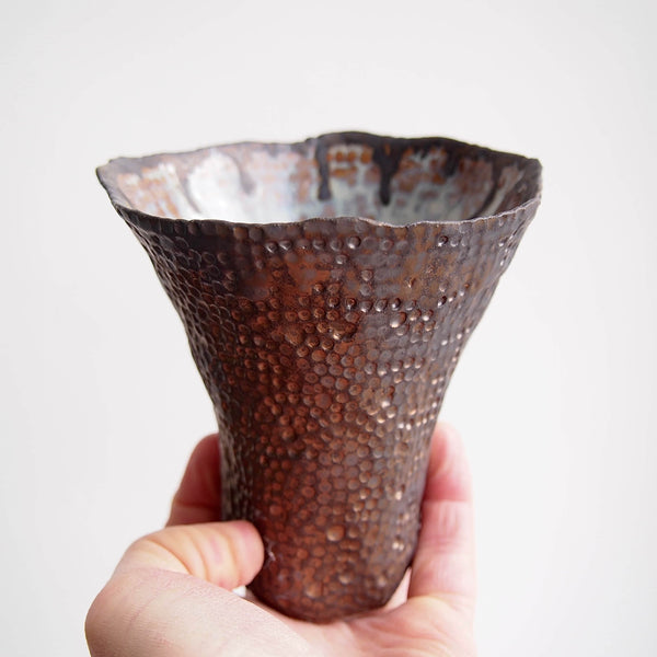 Handmade Bronze Dot Ceramic Vase with Blue Brown Swirly Interior