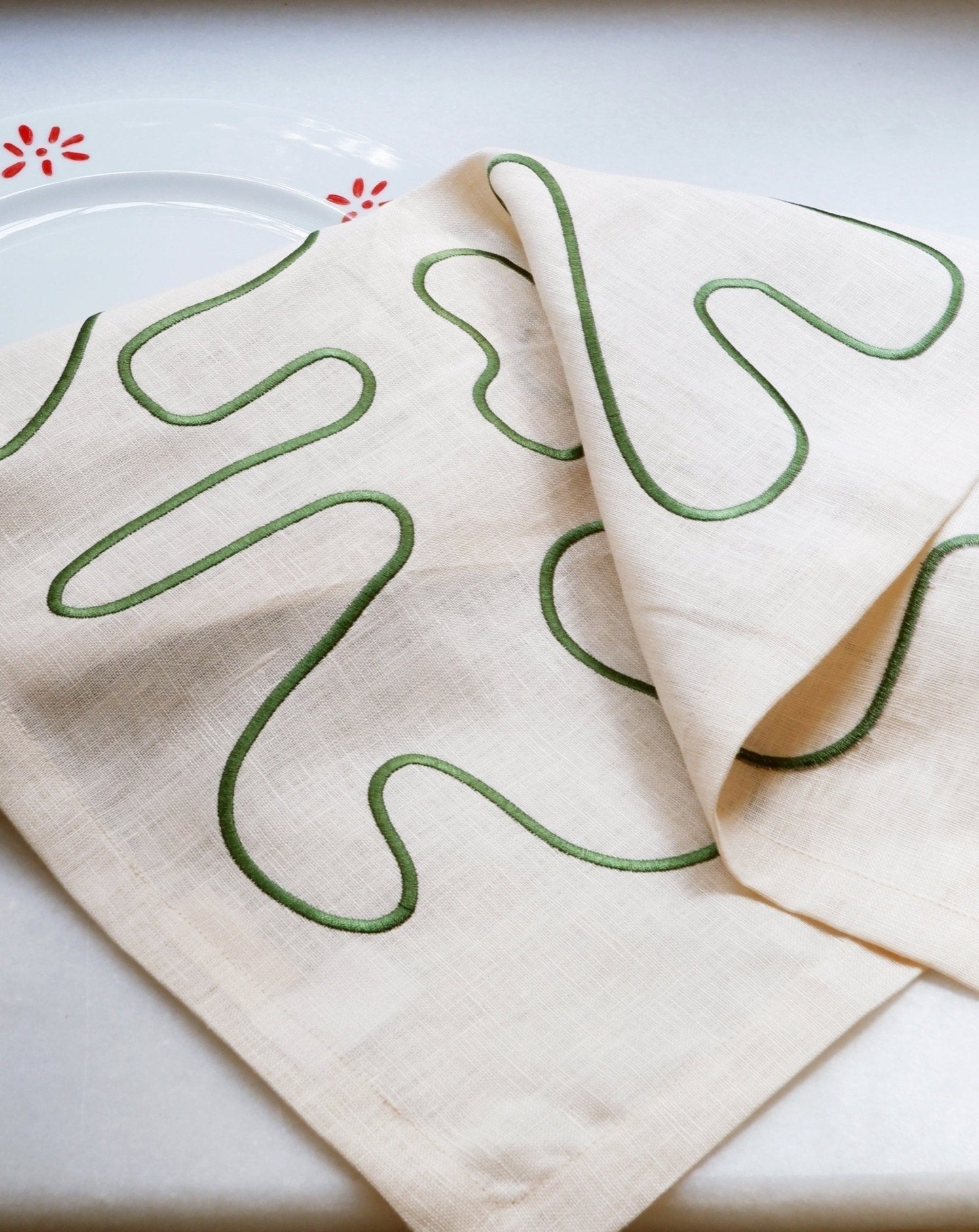 Pair of Embroidered Linen Napkins Green