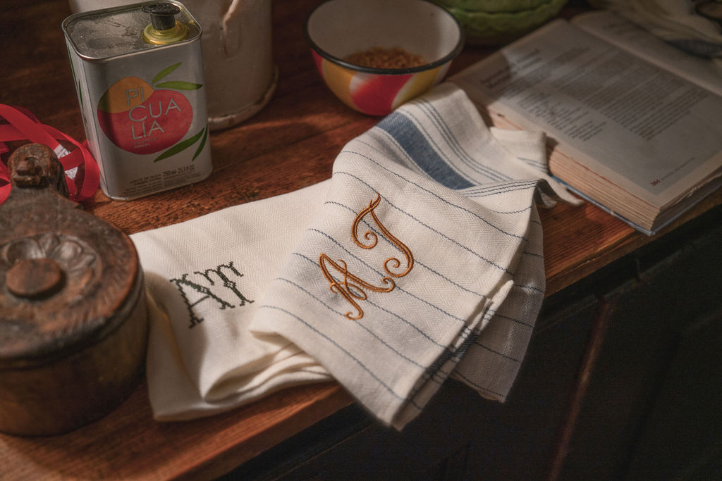 Set of 3 Personalised Varied Kitchen Towels in French Red & Blue