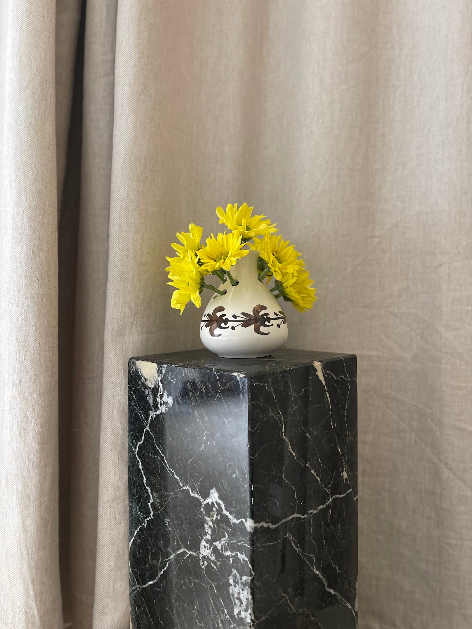 White Ceramic Ikenbana Style Vase with Brown Hand Painted Detailing