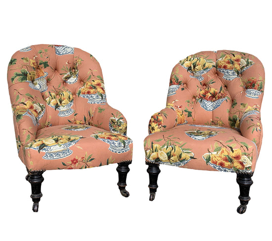 HANS & GRETEL - A Pair Of Antique Button Back Armchairs In Vintage Colefax & Fowler Fabric
