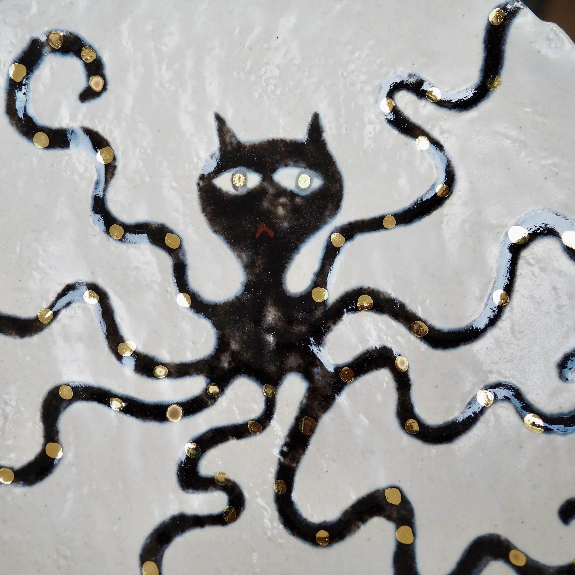 Handmade Octopus Illustrated Small Ceramic Plate With Gold Lustre