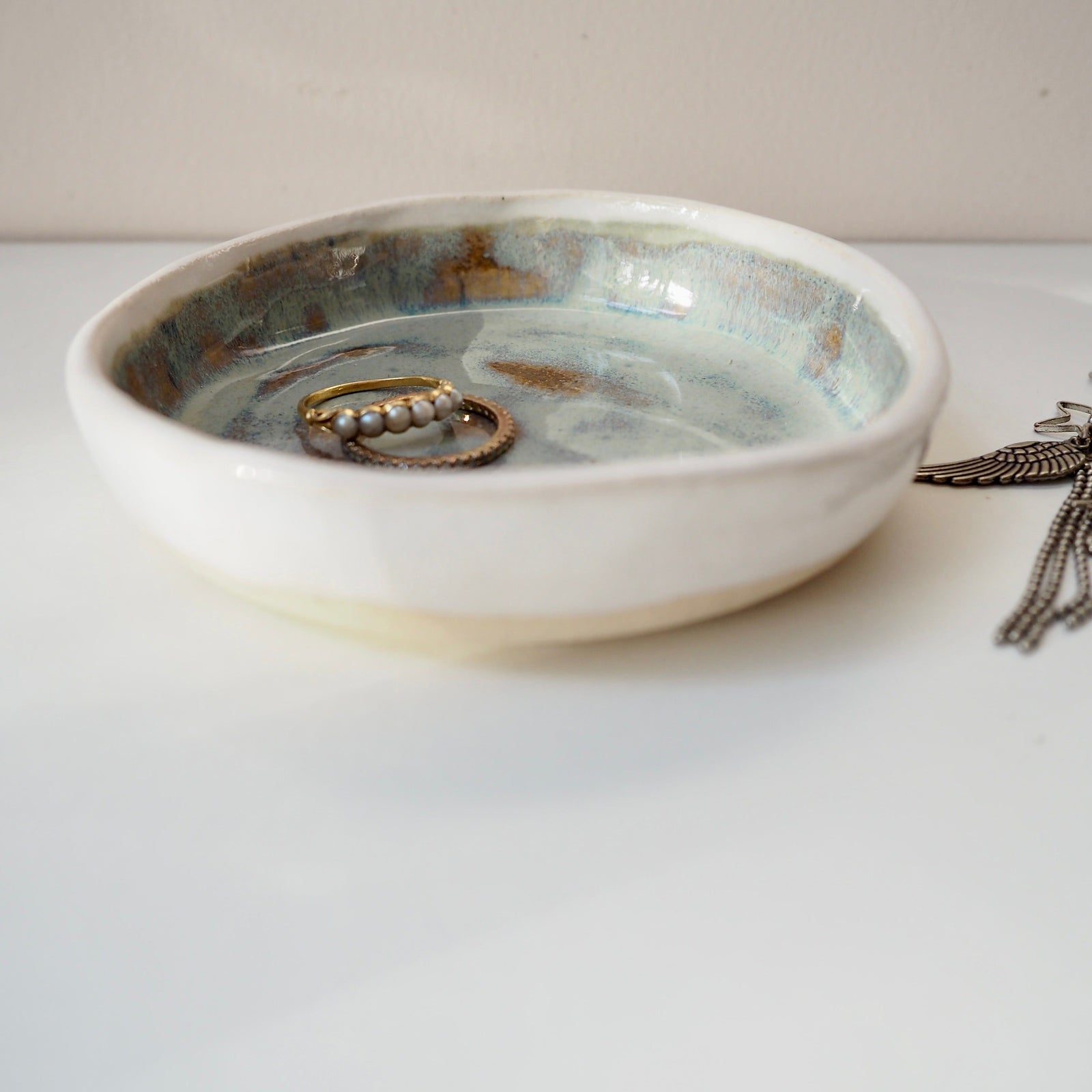 Handmade Blue/Brown Flat Ceramic Ring Dish