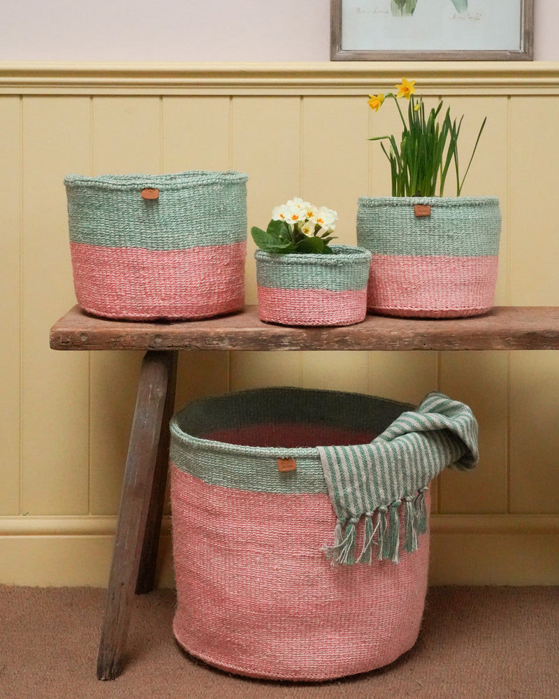 SIAFU: Sapling Green and Dusky Pink Colour Block Sisal Basket