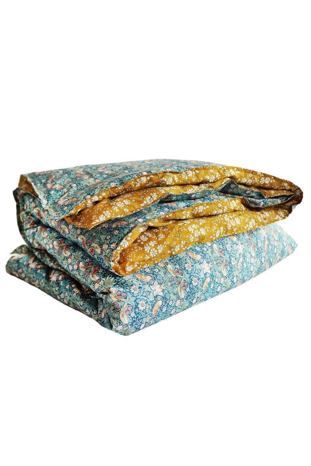 Reversible Heirloom Quilt Made With Liberty Fabric Strawberry Thief & Capel Mustard