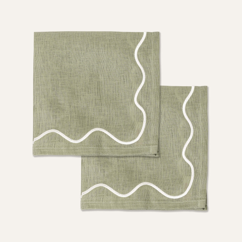 Wavy Linen Napkins Sage Green/White - Set of 2