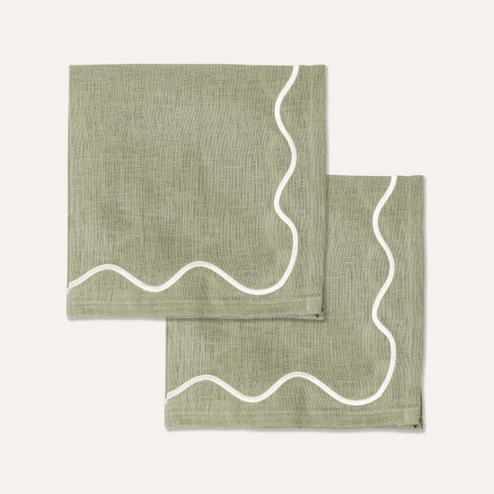 Wavy Linen Napkins Sage Green/White - Set of 2