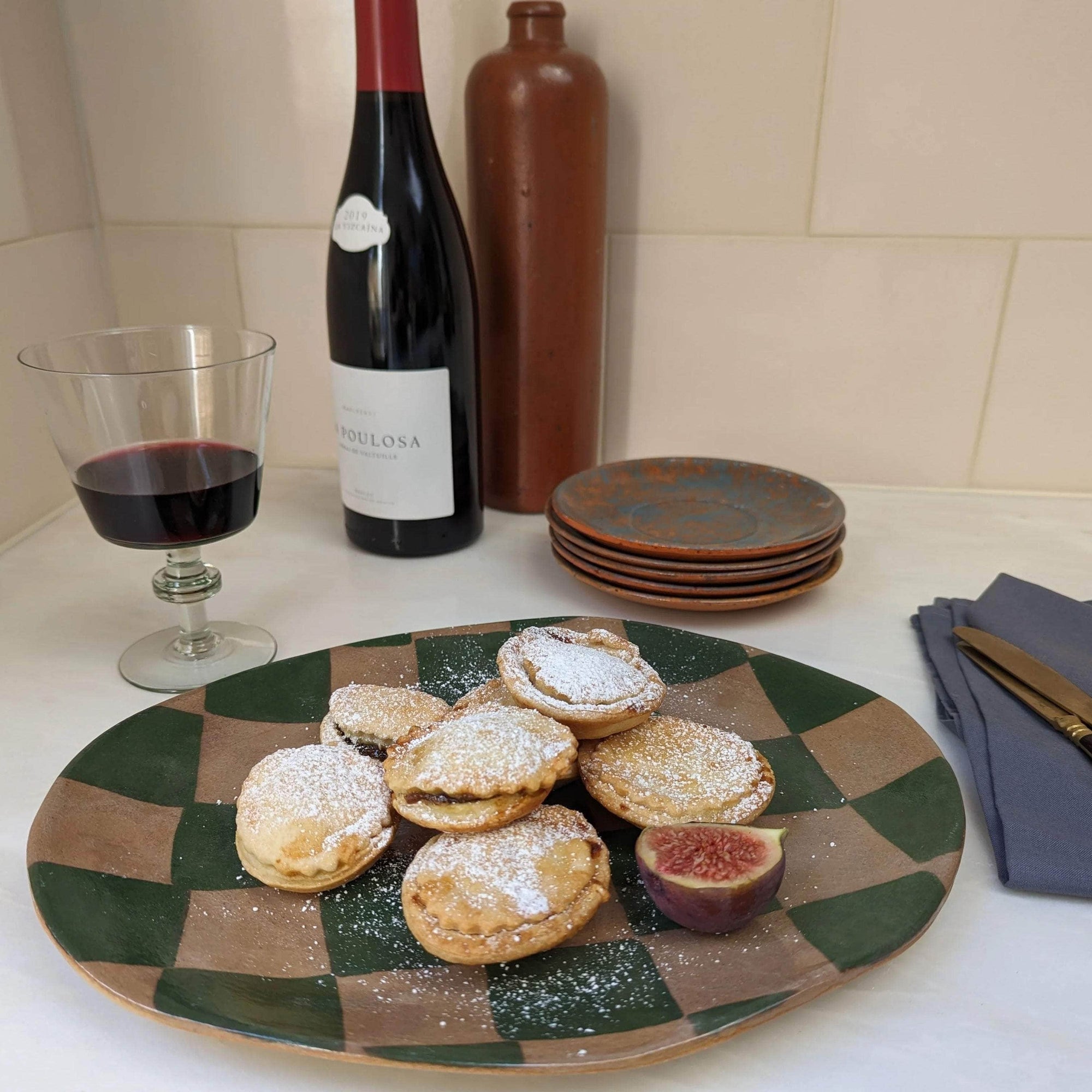 Green Oval Check Serving Platter