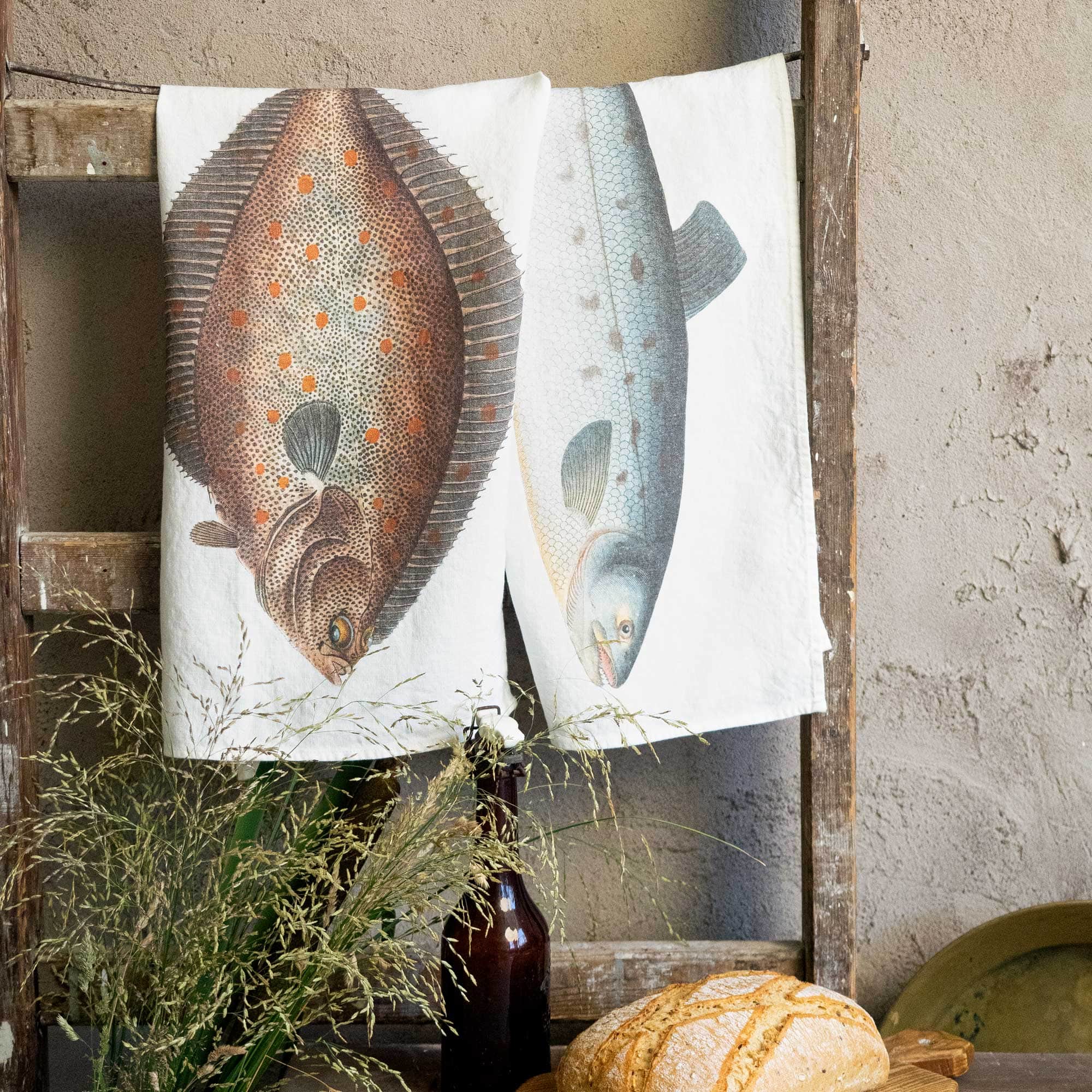 Linen Kitchen Towels SALMON & TURBOT Set of 2 Off-White