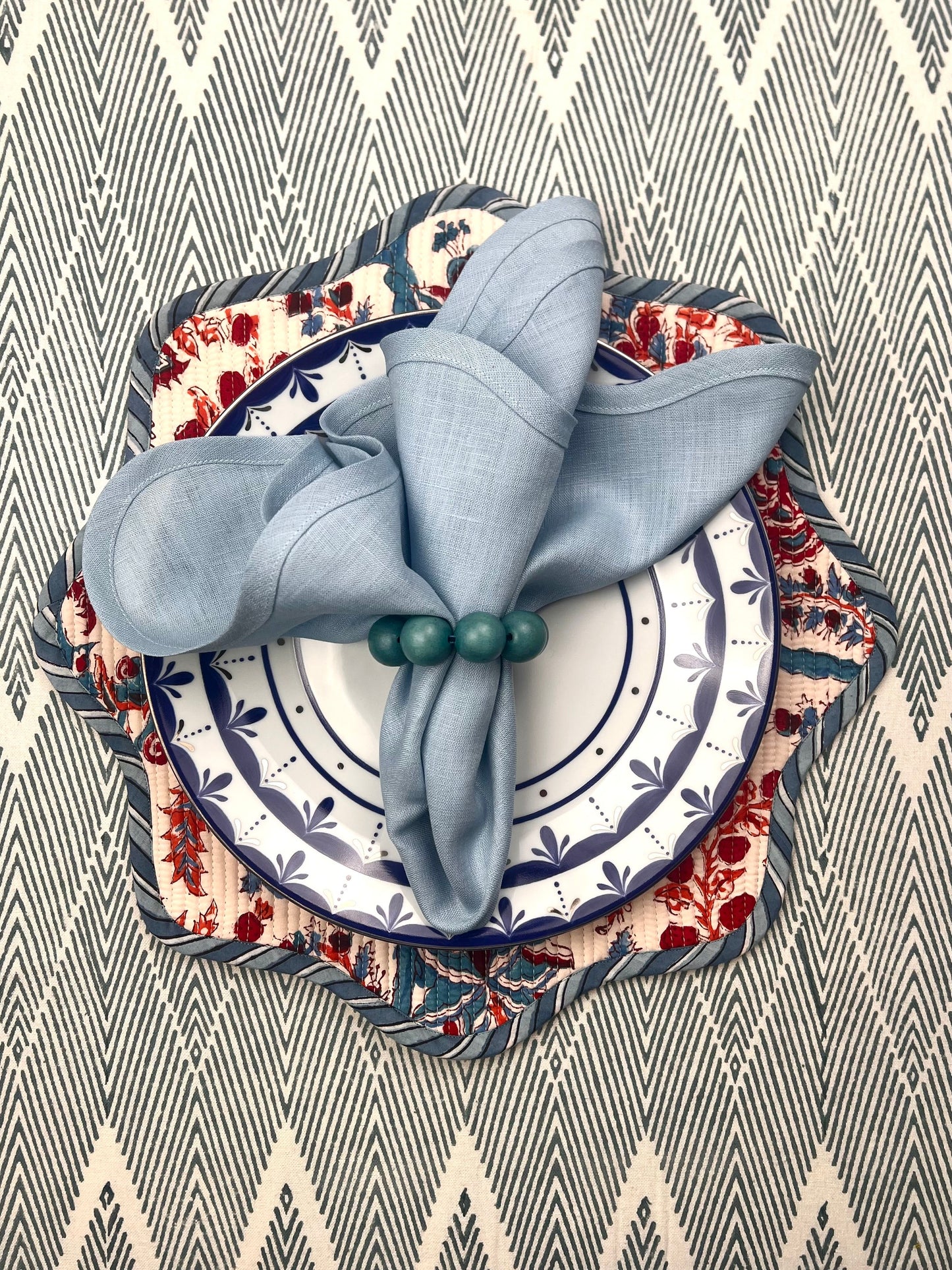 Quilted Scalloped Placemat - Blue & Red (Set of 2)