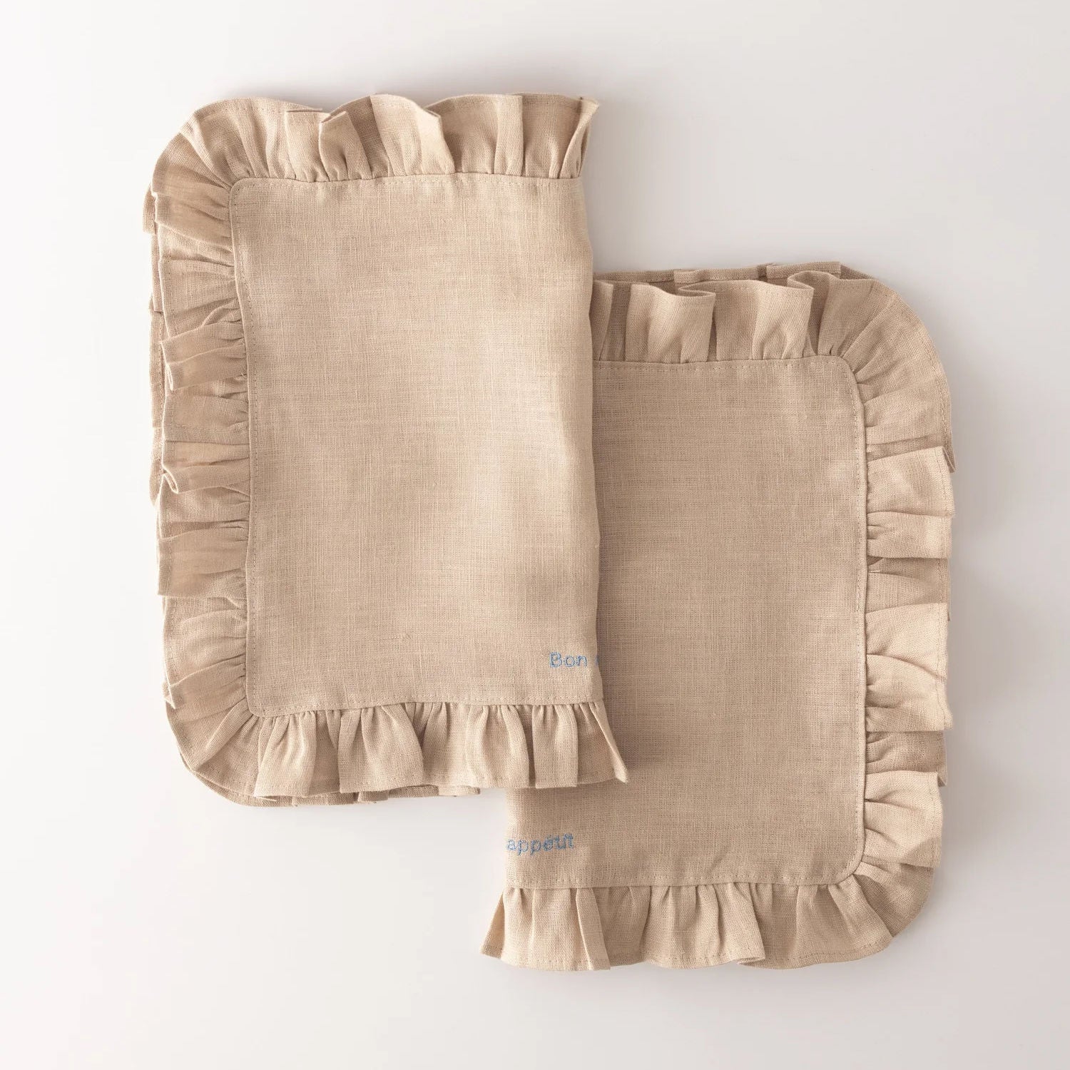 Beige Ruffled Linen Placemats with Embroidery – Set of 2
