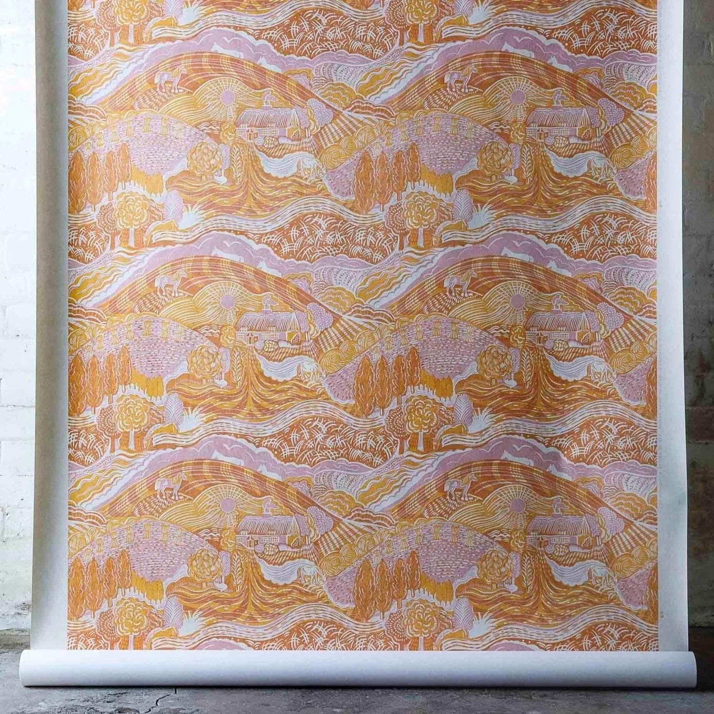 The Plough Wallpaper in Ethel Pink and Harvest Gold