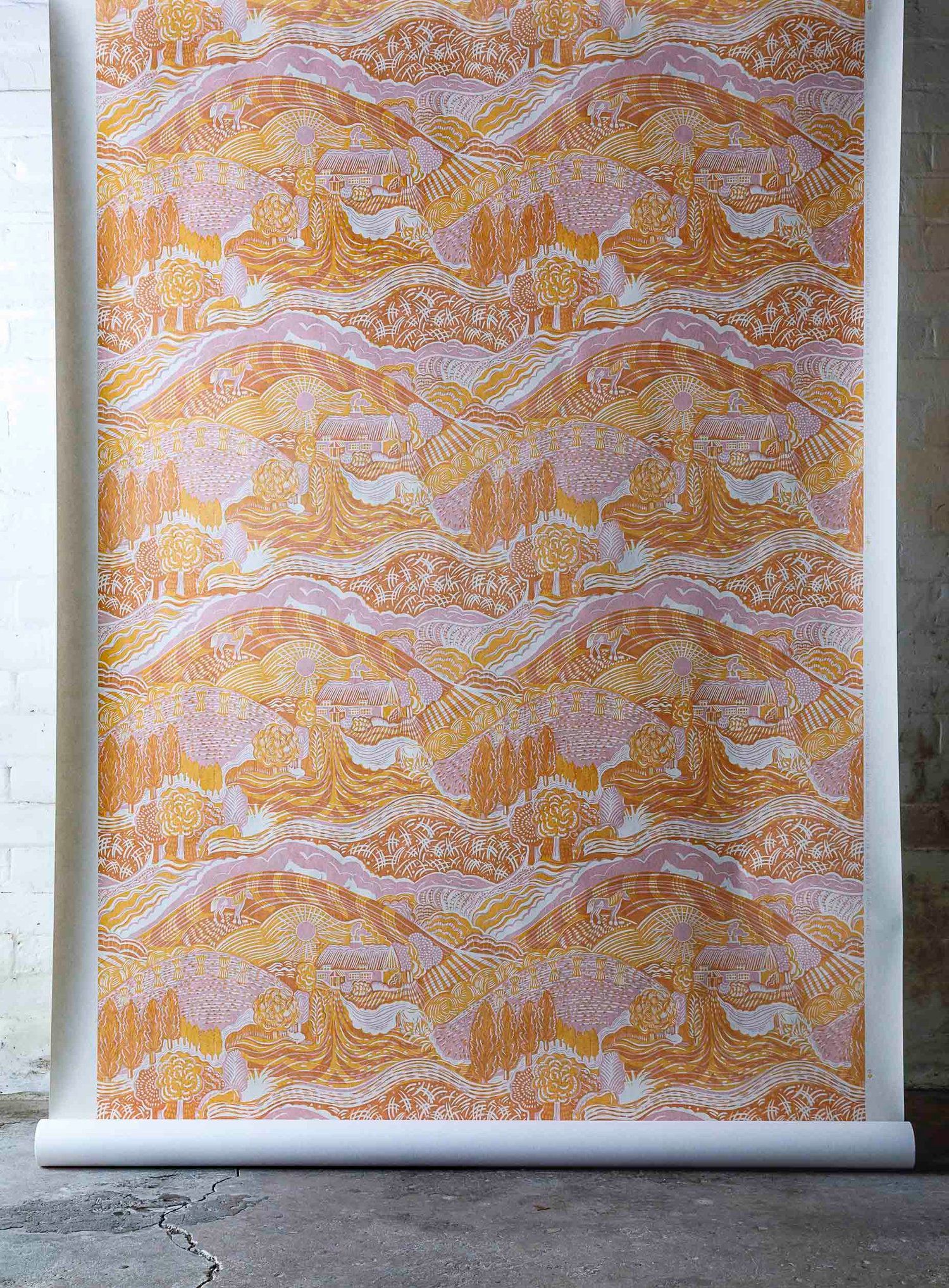 The Plough Wallpaper in Ethel Pink and Harvest Gold