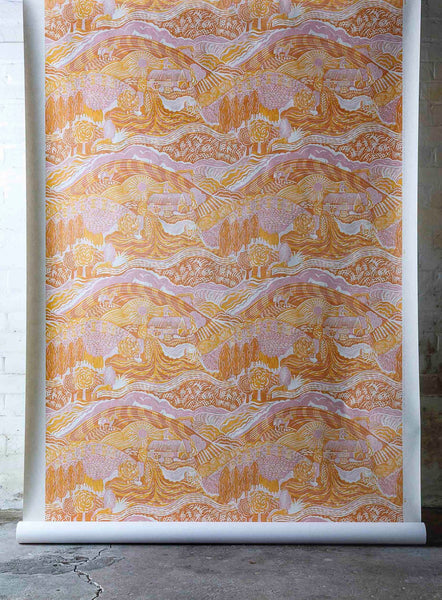 The Plough Wallpaper in Ethel Pink and Harvest Gold