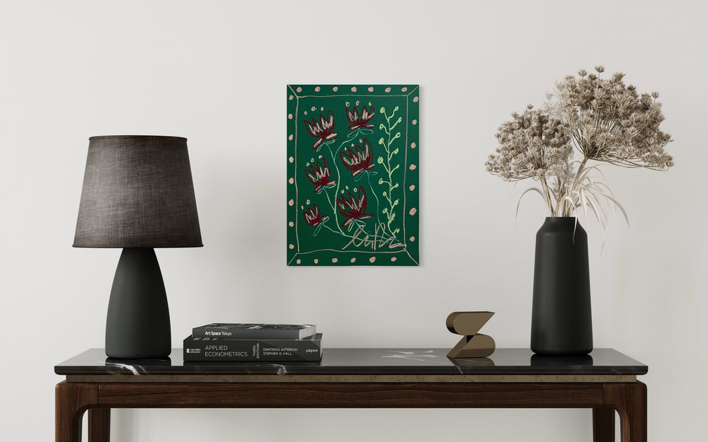 Dk Red Floral on Green Background | Original Painting A3