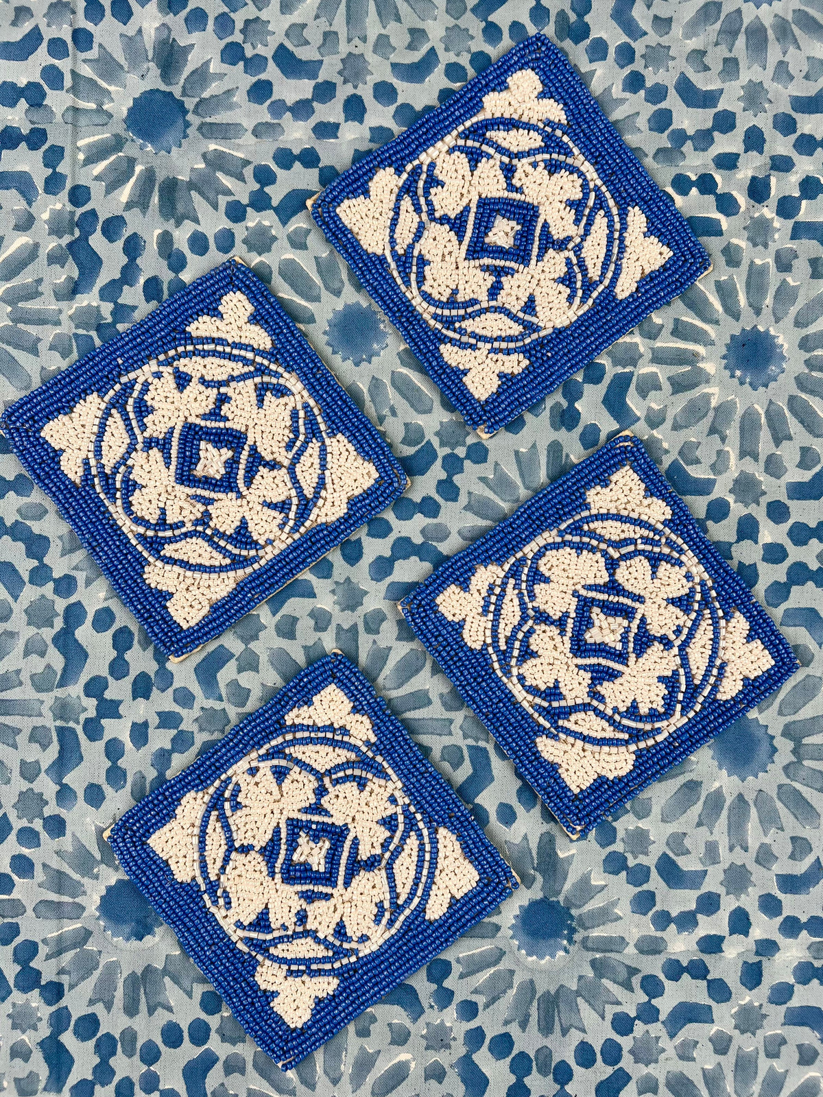 ’Azulejo Tiles’ Beaded Coasters - Ocean Blue & Ivory (set of 4)