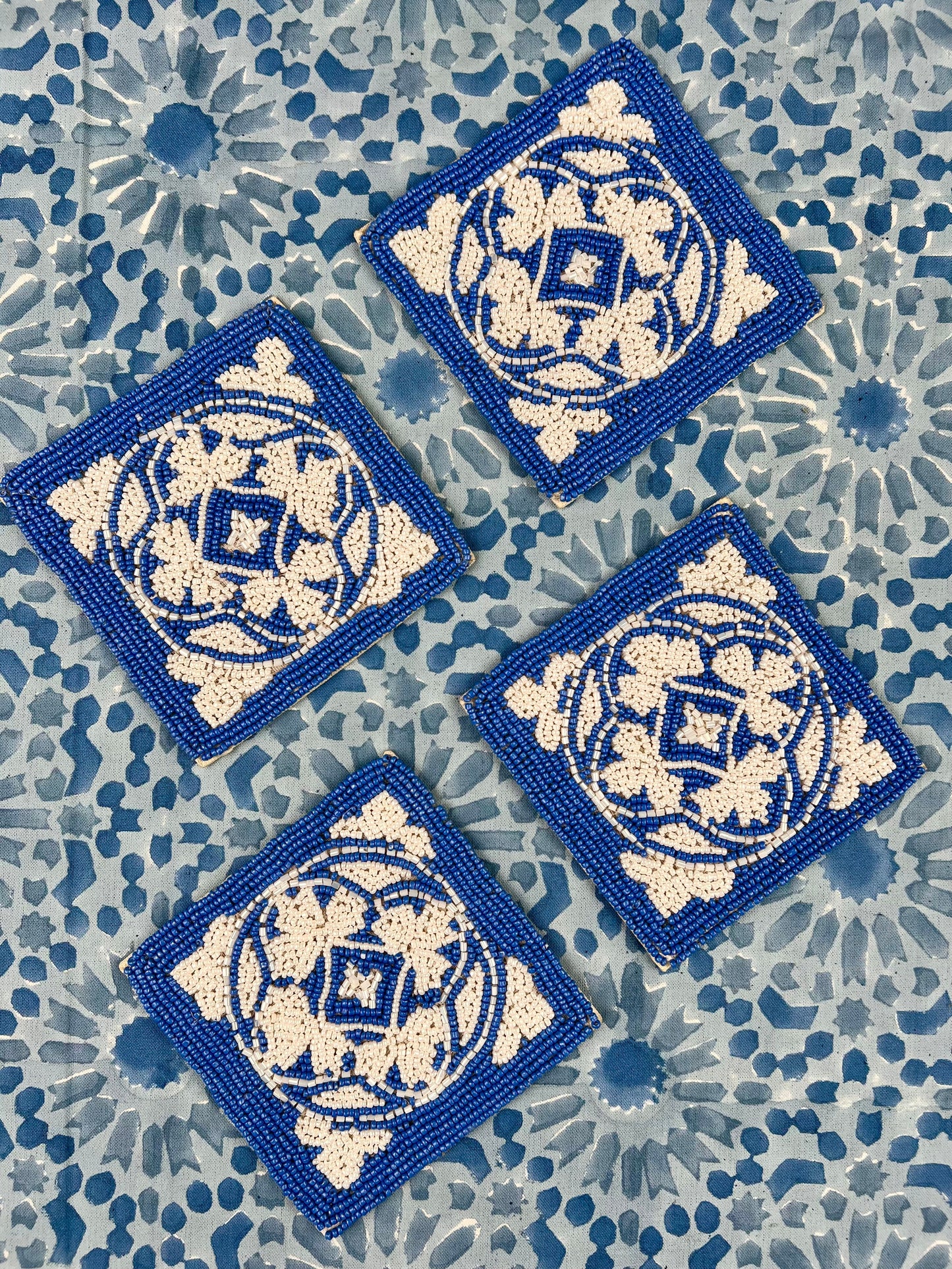 ’Azulejo Tiles’ Beaded Coasters - Ocean Blue & Ivory (set of 4)