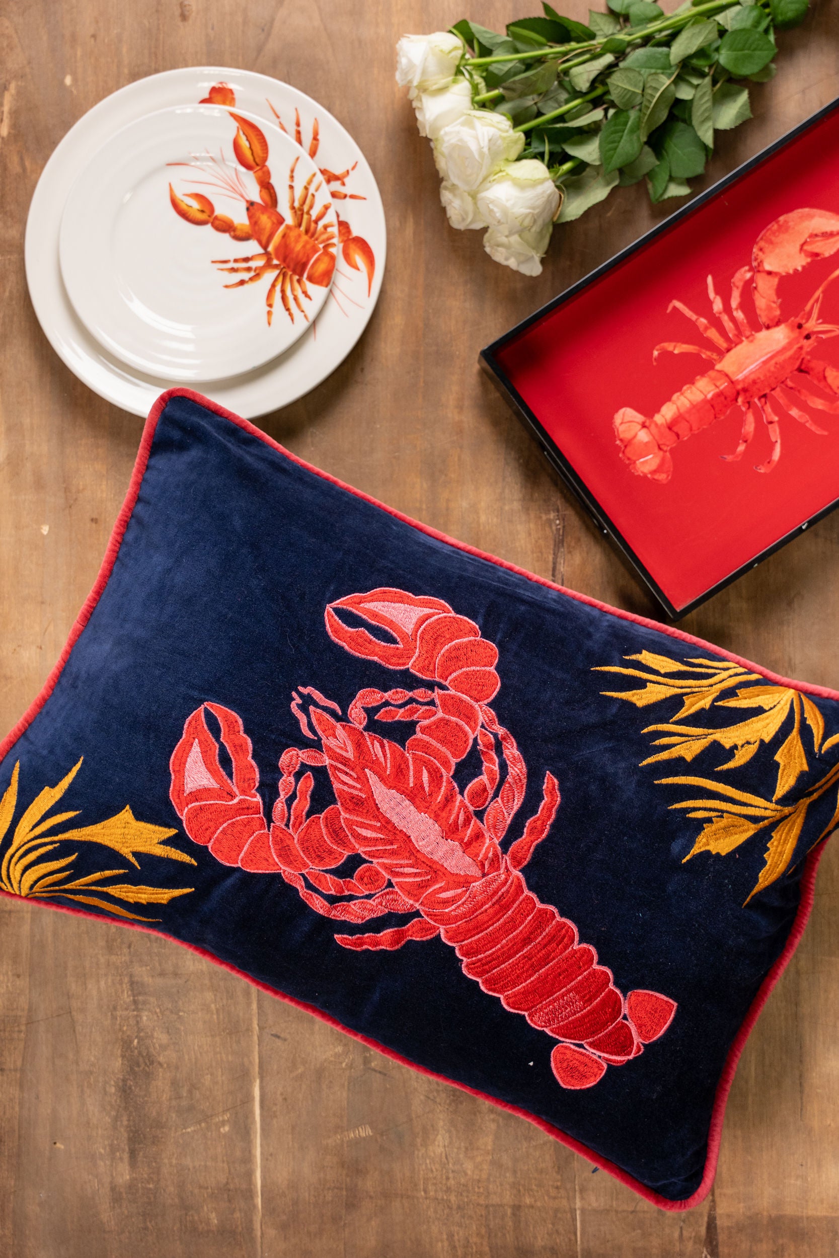 Tropical Hand-Embroidered Cotton Cushion – Lobster