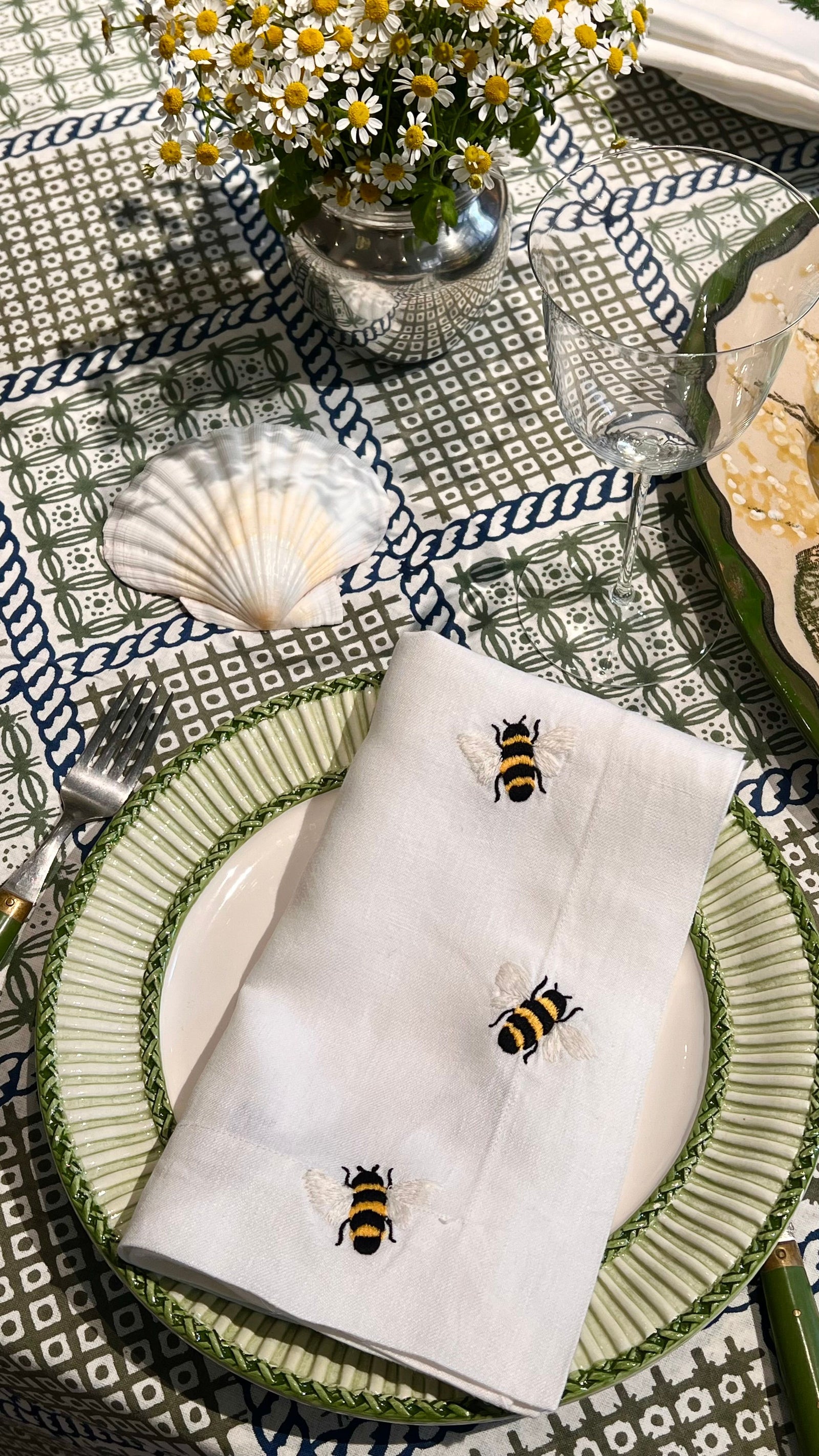 ’The Trellis’ Tablecloth - Blue, Sage & Taupe