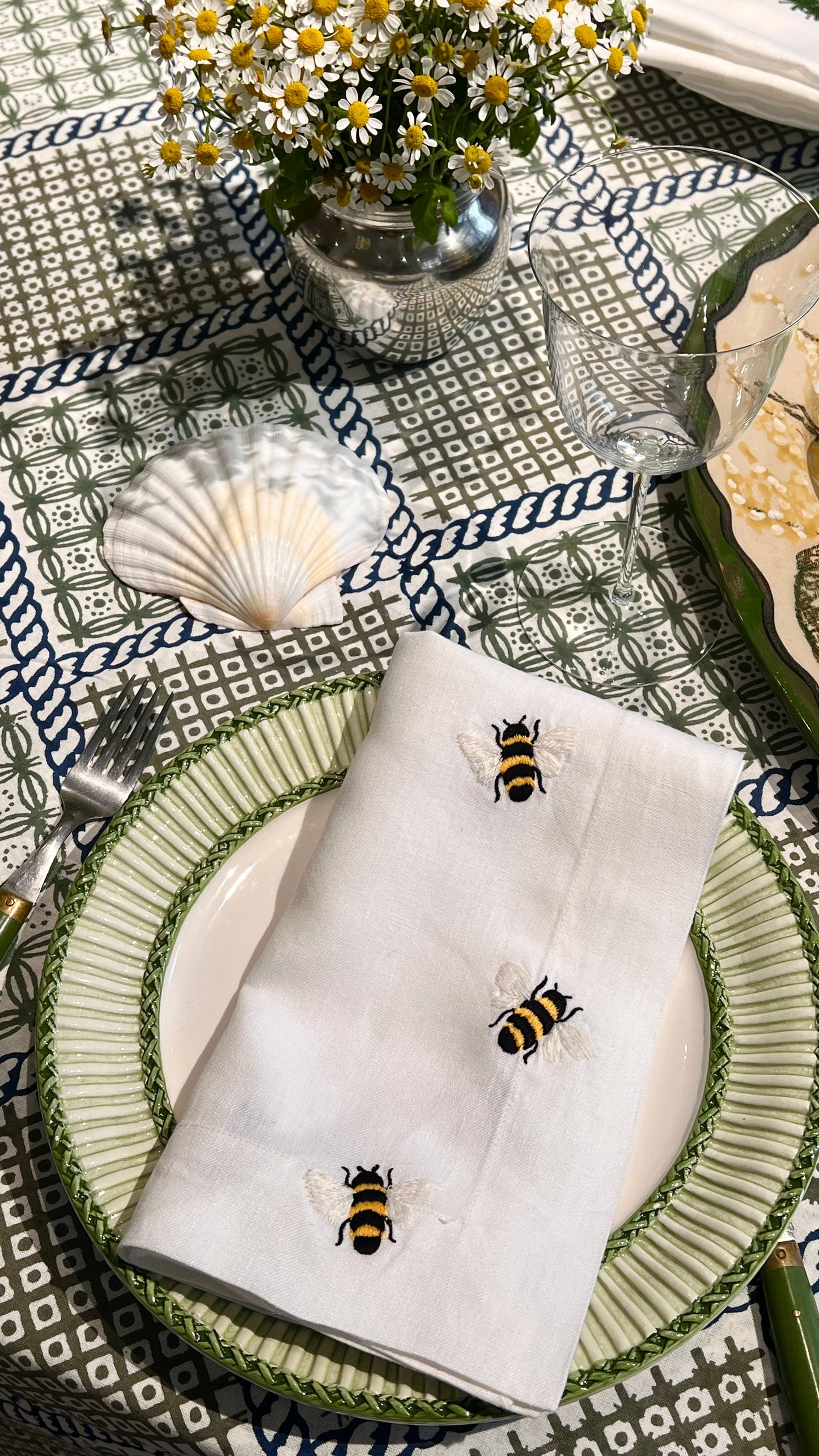 ’The Trellis’ Tablecloth - Blue, Sage & Taupe
