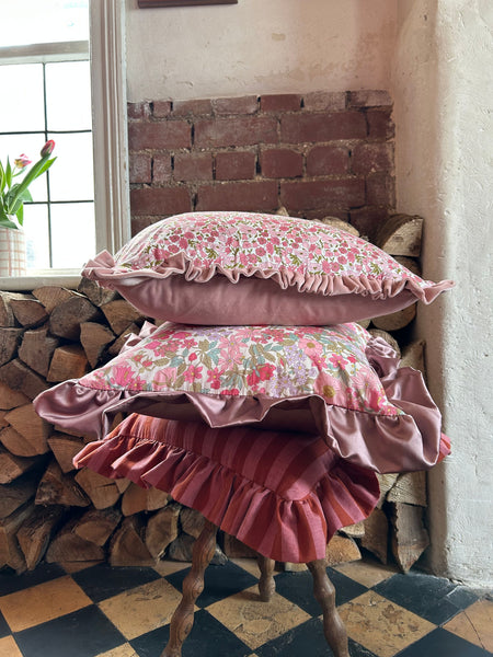 Velvet Ruffle Cushion made with Liberty Fabric 'Poppy and Daisy Pink'