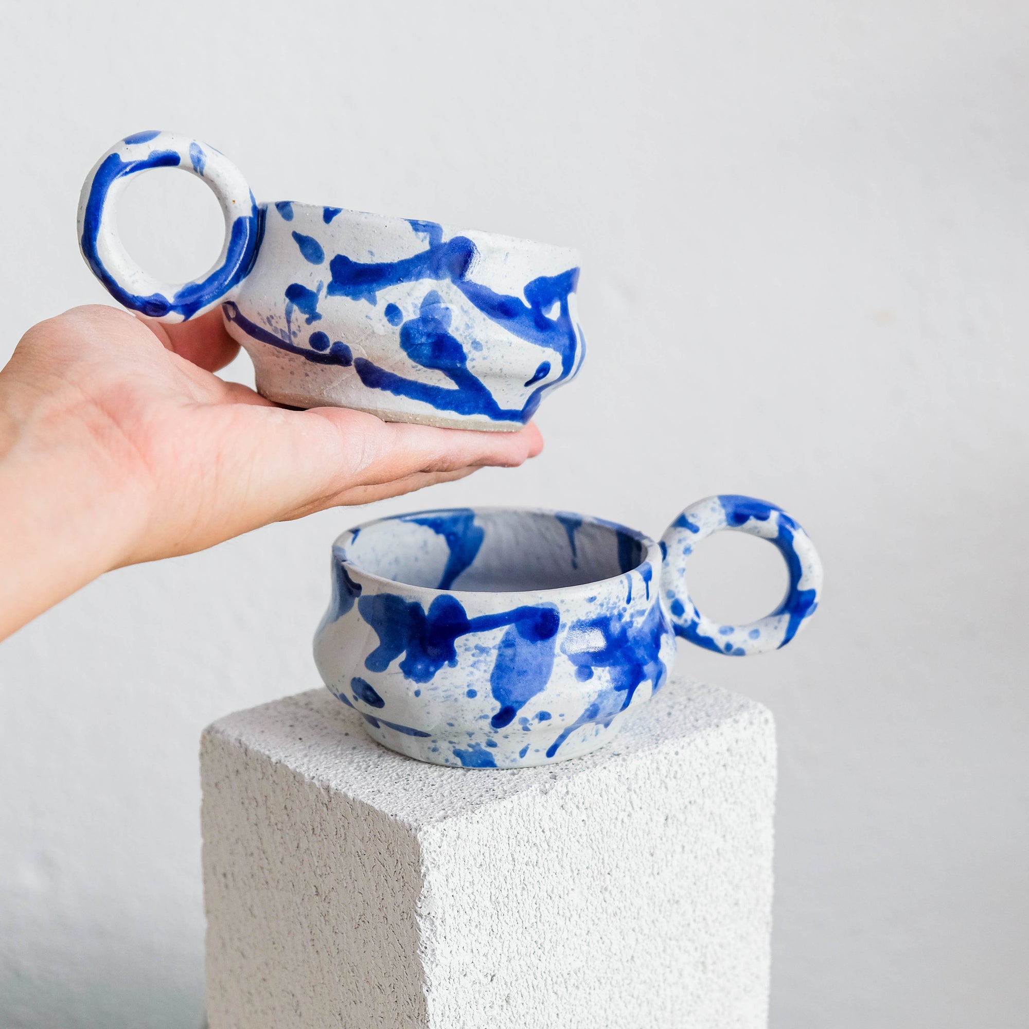 Dalmata M - Porcelain Cappuccino Cup - Brush Strokes Blue - Set of 2