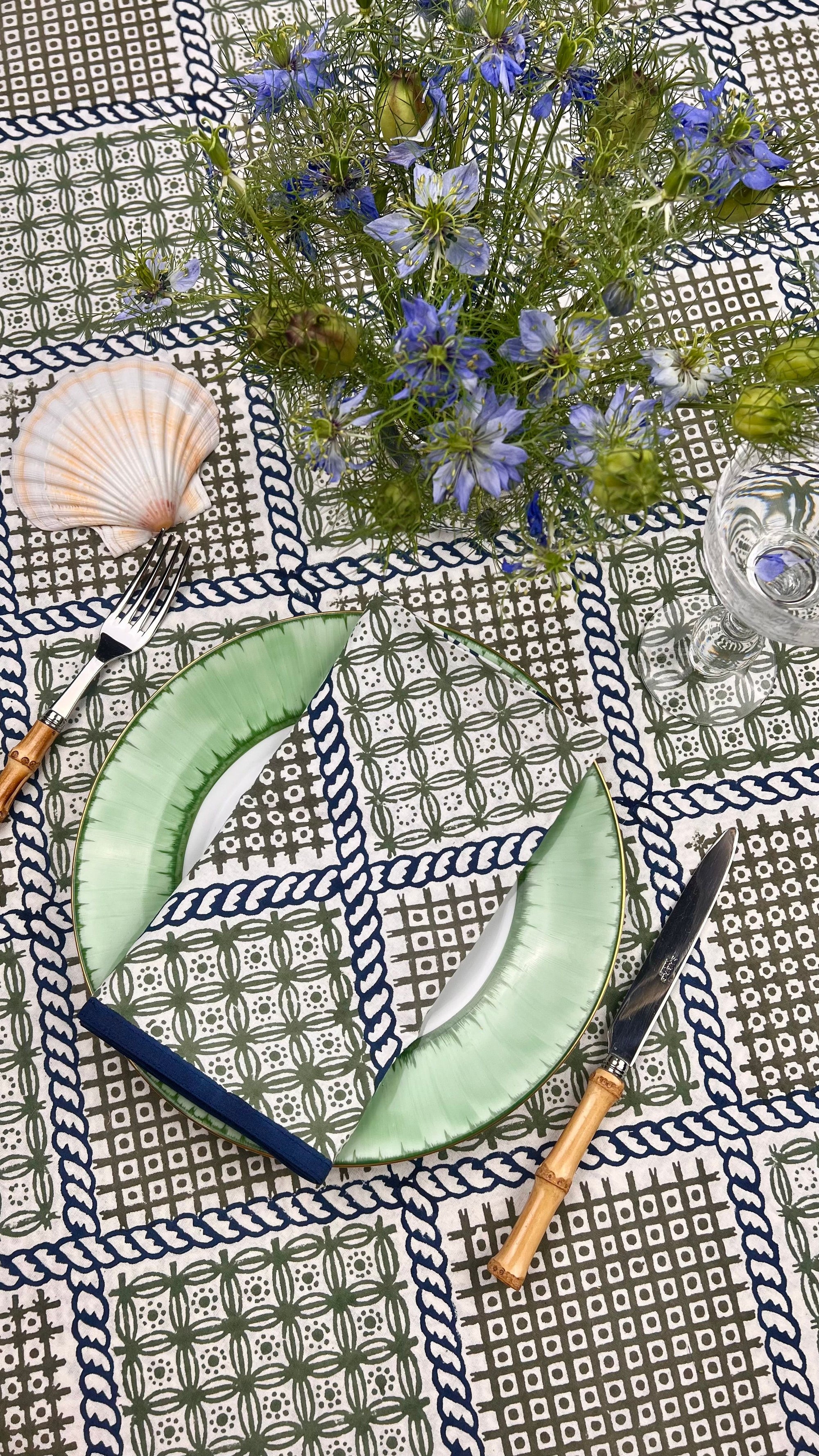’The Trellis’ Tablecloth - Blue, Sage & Taupe