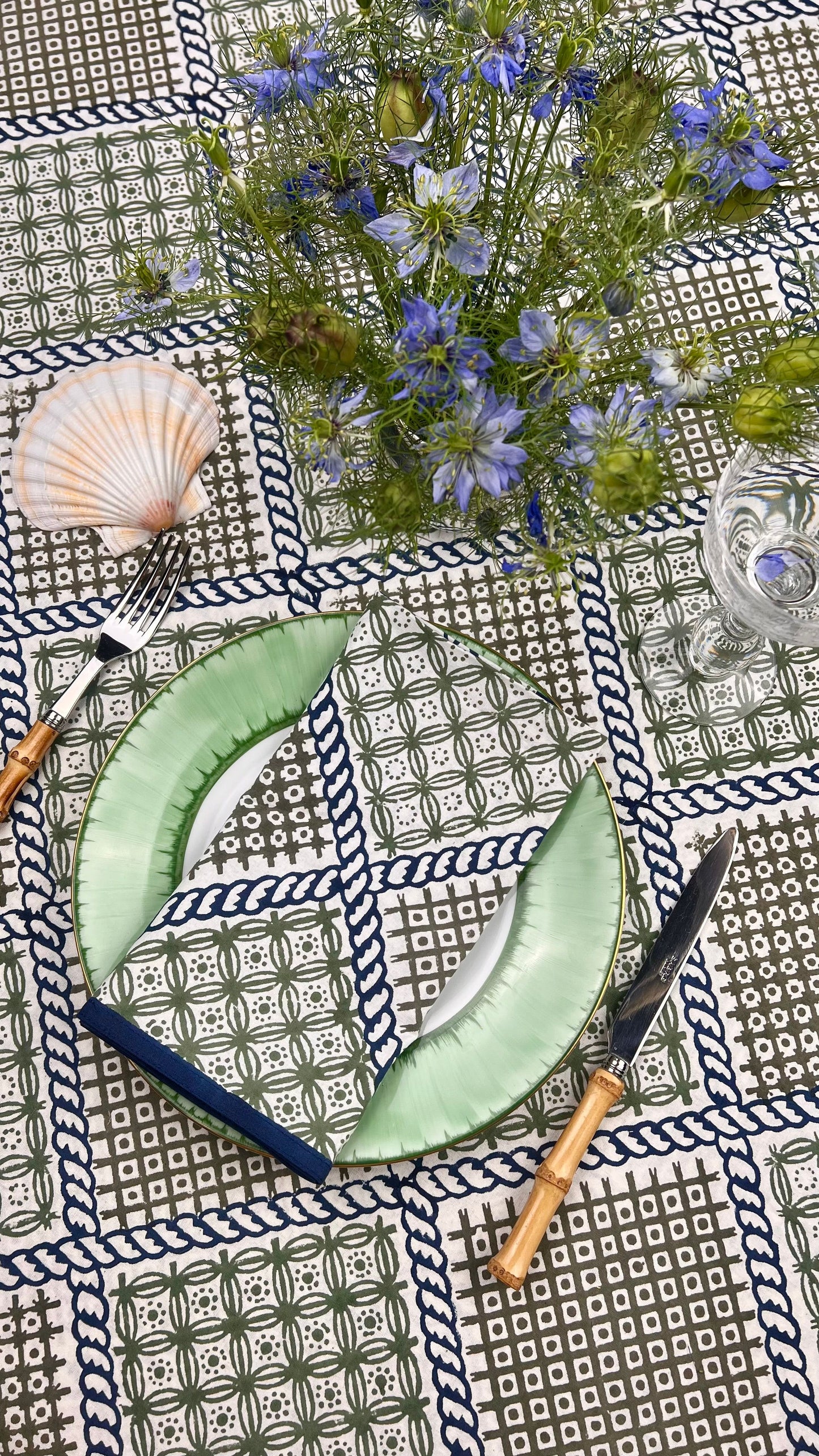 ’The Trellis’ Tablecloth - Blue, Sage & Taupe