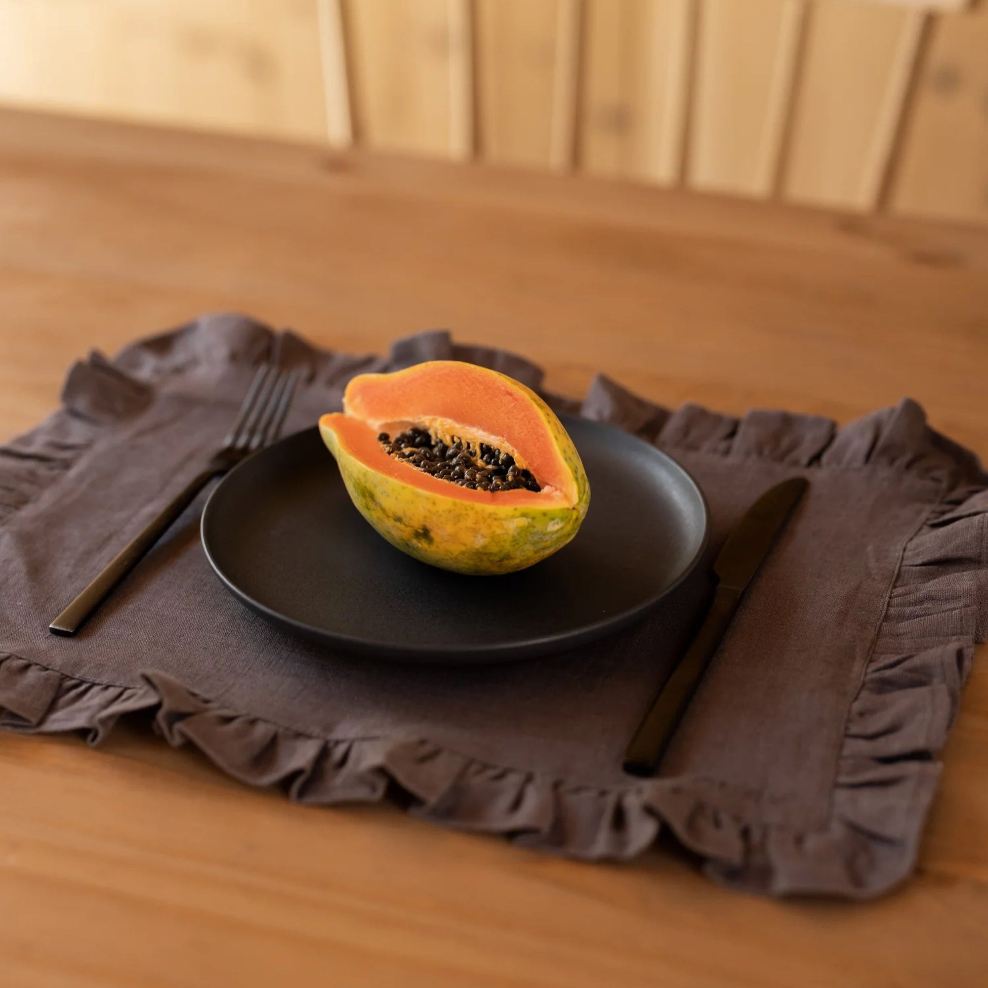Brown Ruffled Linen Placemats with Embroidery – Set of 2