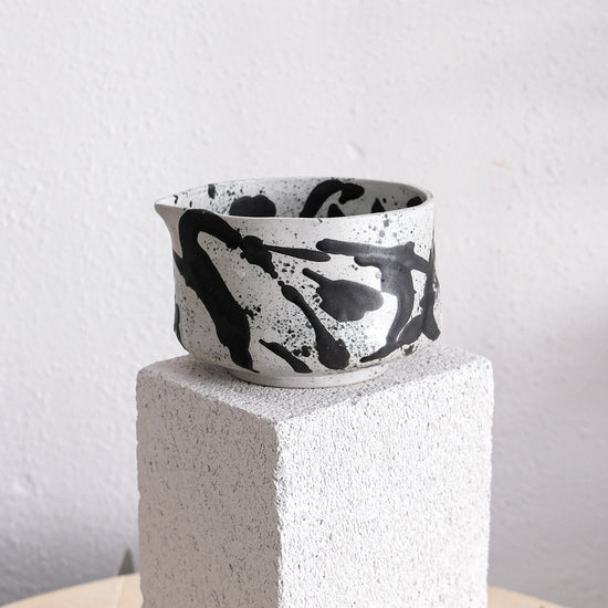 Matcha Bowl - Recycled Porcelain Bowl - Brush Strokes Black Matte