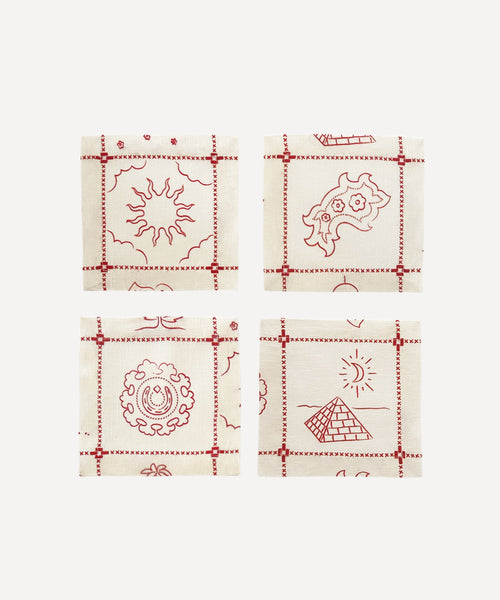 Re-Work Cocktail Napkins in Red Border Print- Set of Four