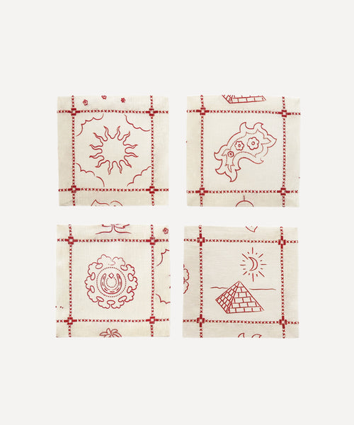 Re-Work Cocktail Napkins in Red Border Print- Set of Four