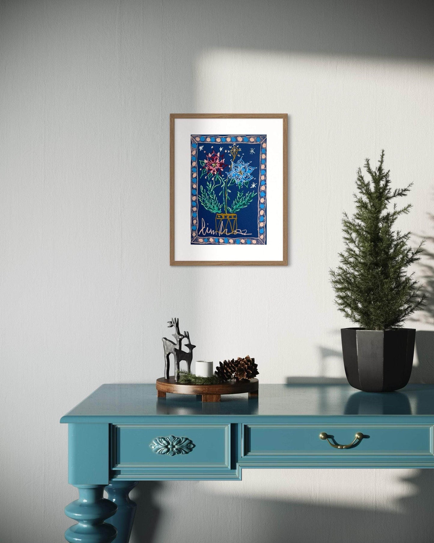 Multi-colored Florals on Midnight Blue Background I Original Painting A3